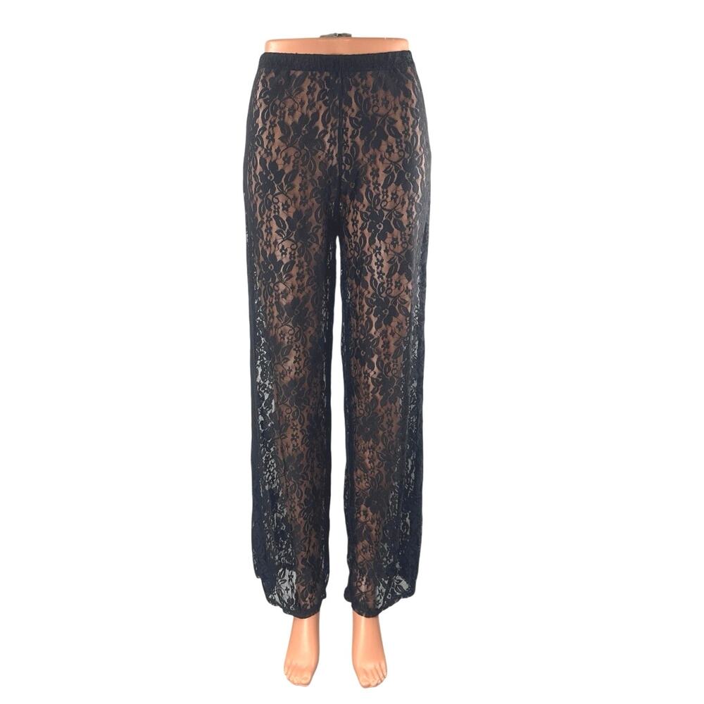 NEW PrettyLittleThing Black Floral Lace Sheer Wide Leg Trousers Pants Size 4